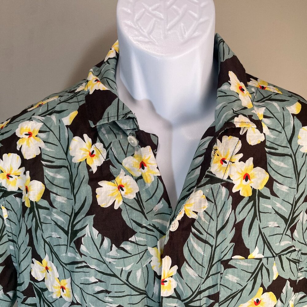 🌺 J. Crew Men’s M Brown Green Yellow Hawaiian Short Sleeve Loop Collar Shirt 🌴